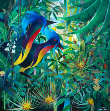 Acrylique sur toile - (100x100) PARADISIERS A MOUSTACHE