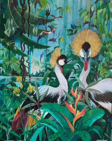 Acrylique sur toile - (80x100) COUPLE DE GRUES TROPICALES